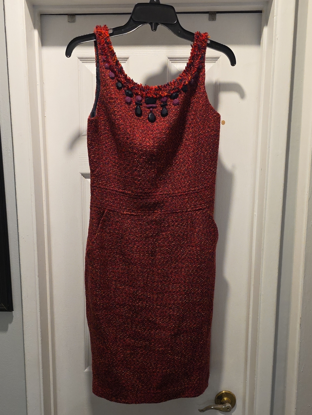 Red Textured Sleeveless Jewel-Trim Mini Dress